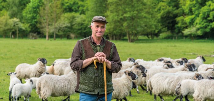 A farmer standing in front of his sheep